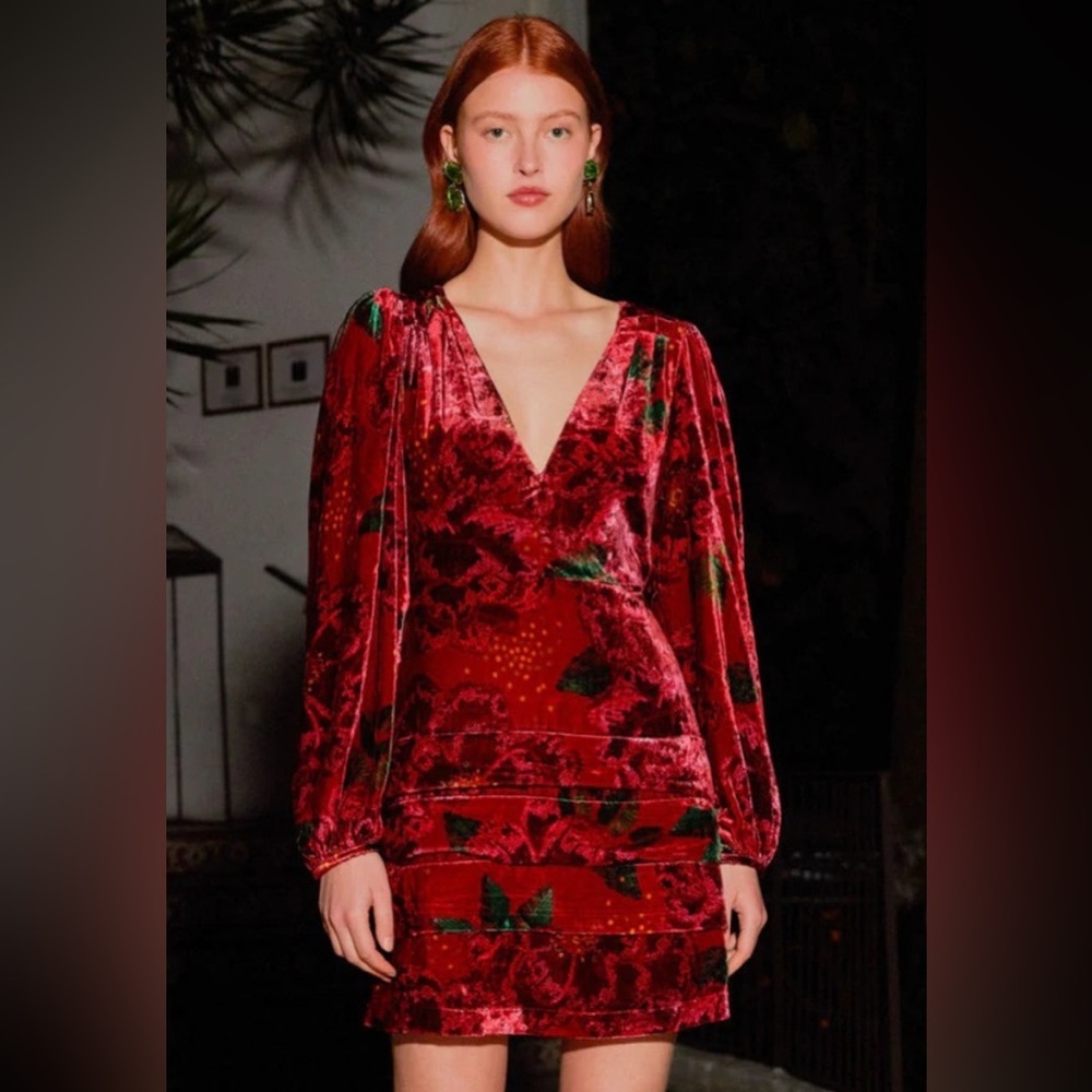 Farm Rio Red Velvet Dress with Floral Pattern size Medium